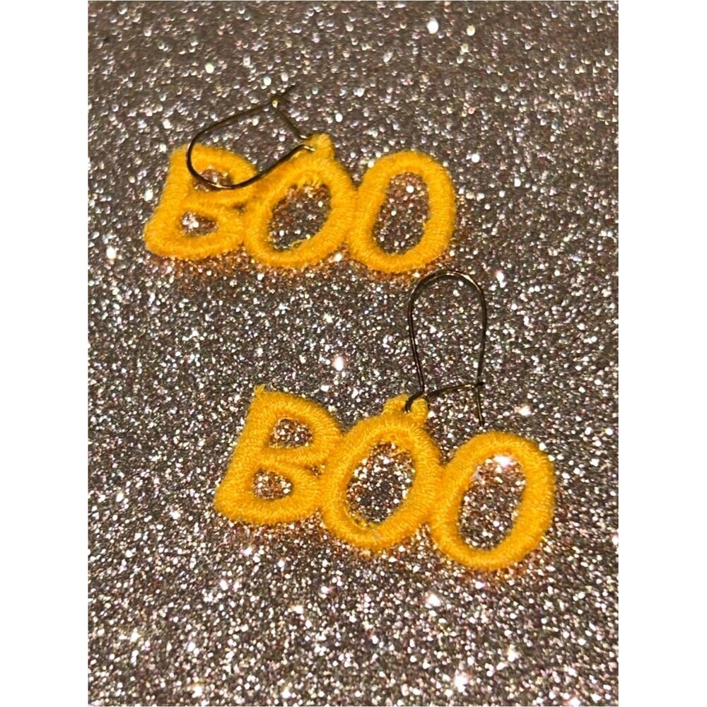 Embroidery Lace Dangle Playful Orange FSL Earrings 'BOO' Halloween Earrings